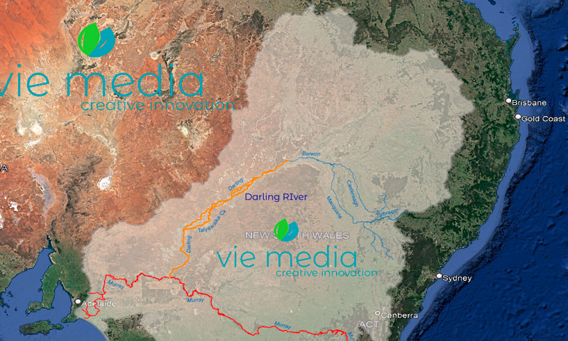 A graphic of a map showing the Macquarie and Castlereagh rivers as part of the Darling River Basin, Australia