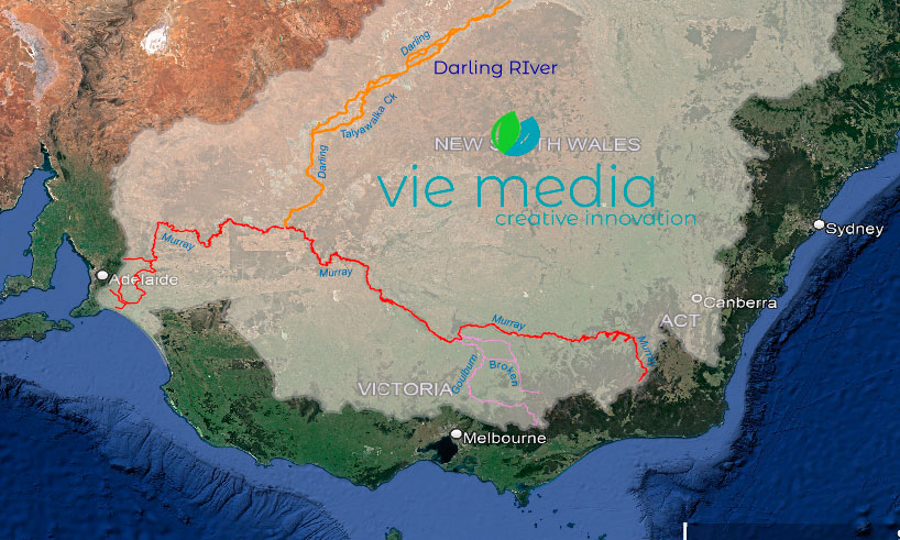 A graphic of a map showing the Goulburn and Broken rivers as part of the Murray Darling Basin, Australia