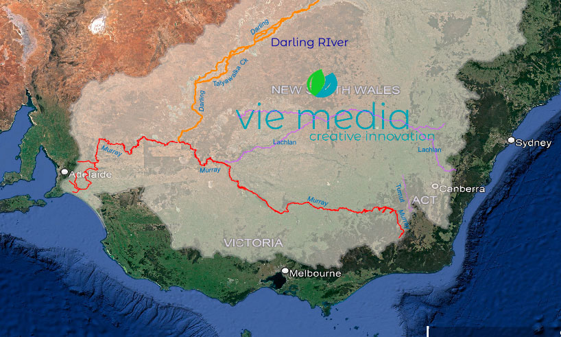 A graphic of a map showing the Lachlan River as part of the Murray Darling Basin, Australia